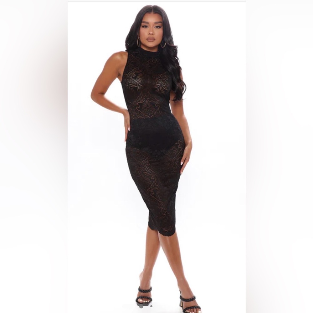 Fashion Nova Black Lace Midi Dress with Floral Overlay